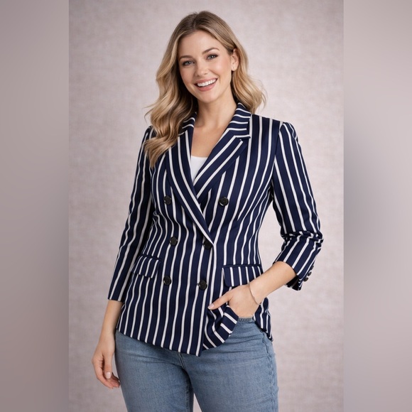 Banana Republic Jackets & Blazers - Banana Republic Navy and White Striped Double-Breasted Blazer